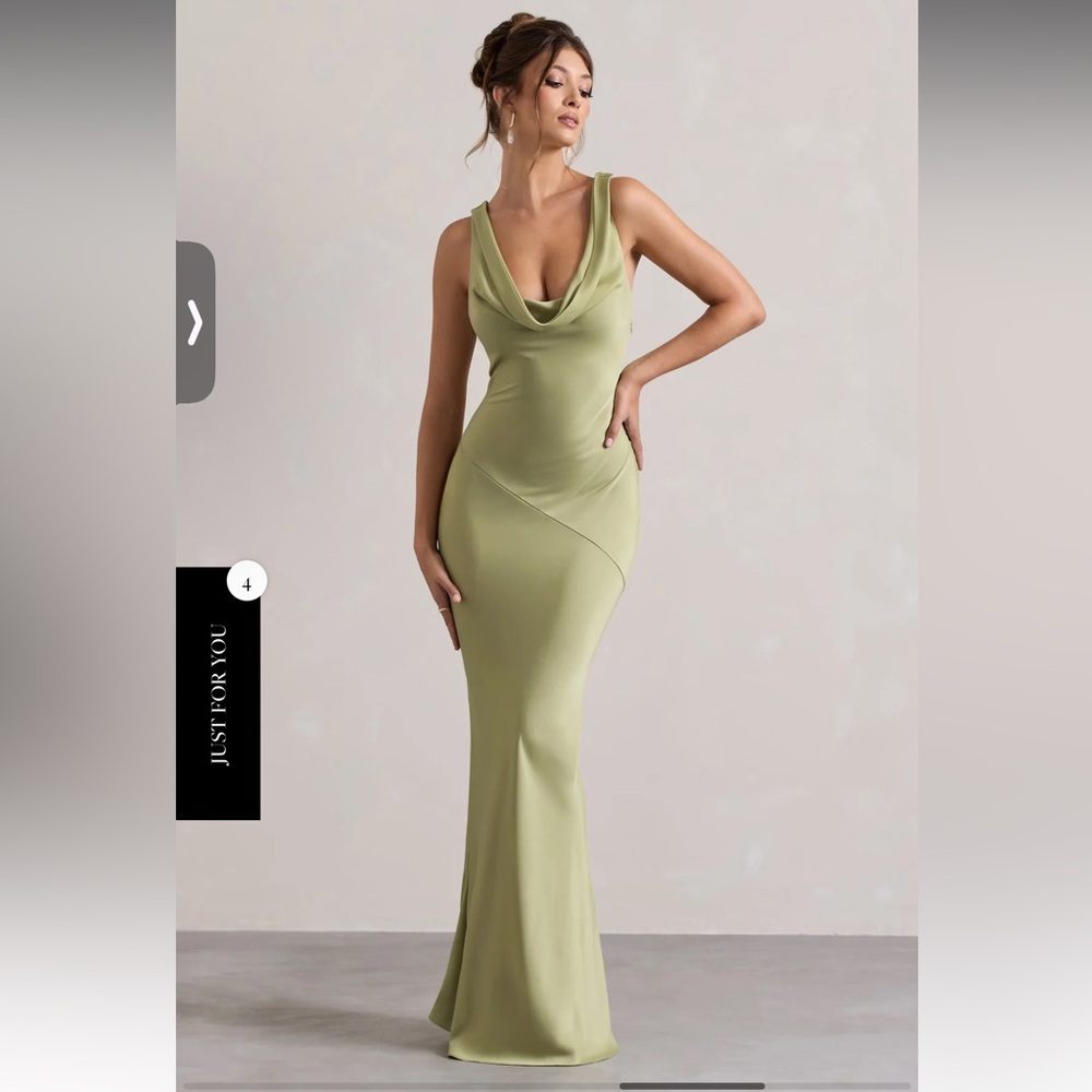 Light Olive Satin Cowl-Neck Maxi Dress